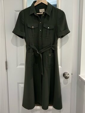 Sezane Raquel Green Short-Sleeve Shirt Midi Dress